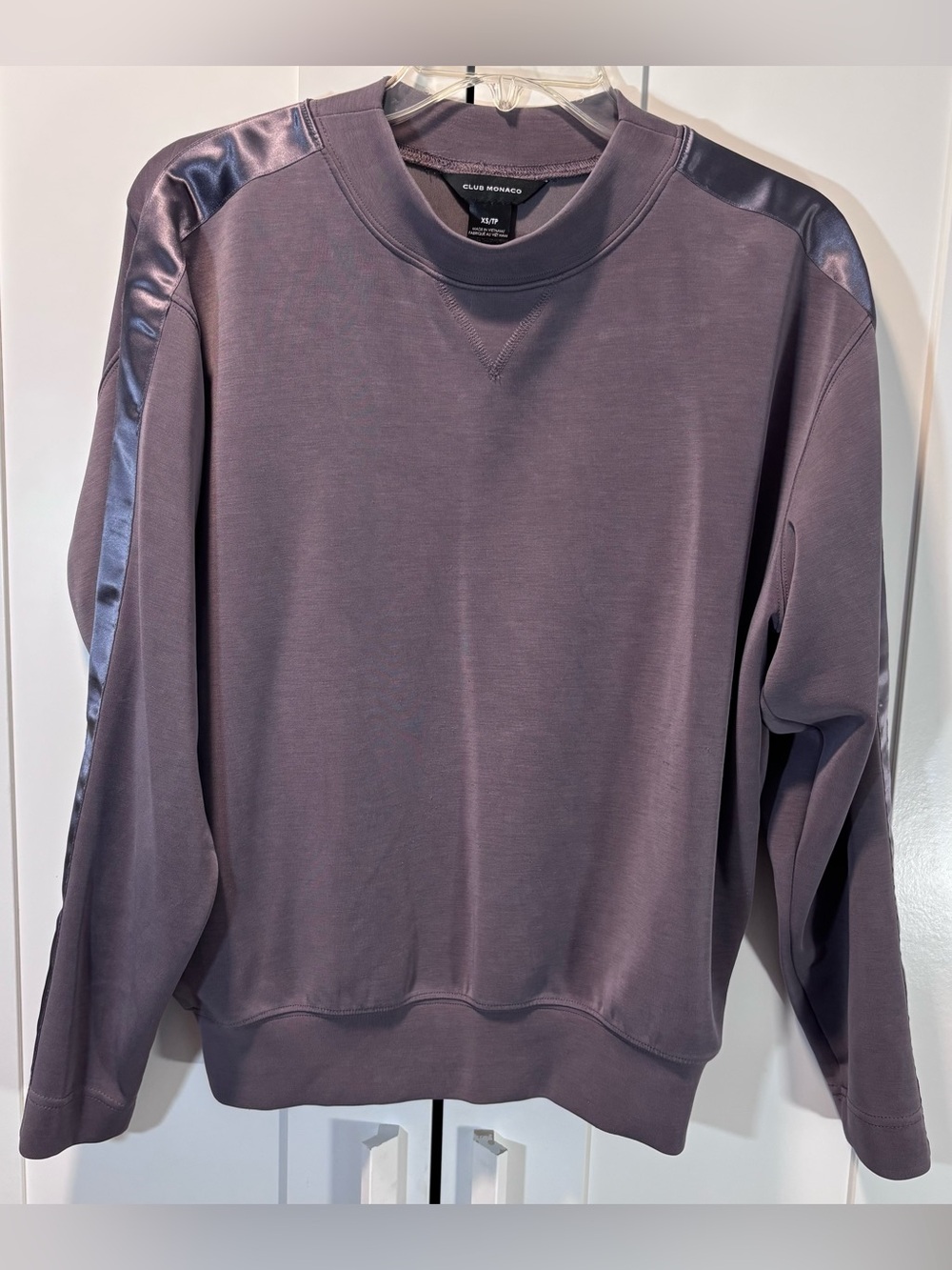 Club Monaco Satin Stripe Sweatshirt Womens XS Purple-Gray Modal Scuba Pullover